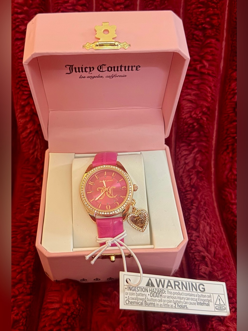 Juicy Couture Pink Leather Strap Watch with Gold-Tone Case and Heart Charm
